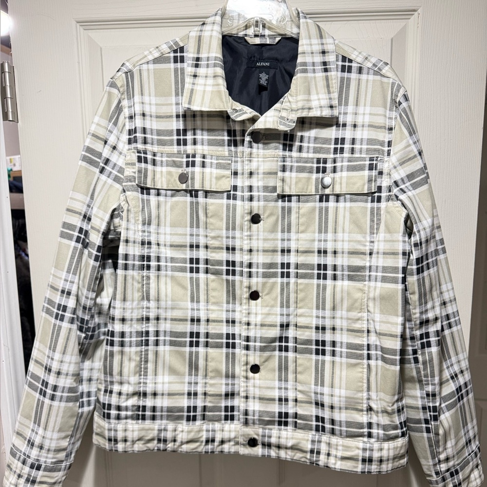 Alfani Plaid Button-Up Jacket Tan/White/Black Men’s Size: L